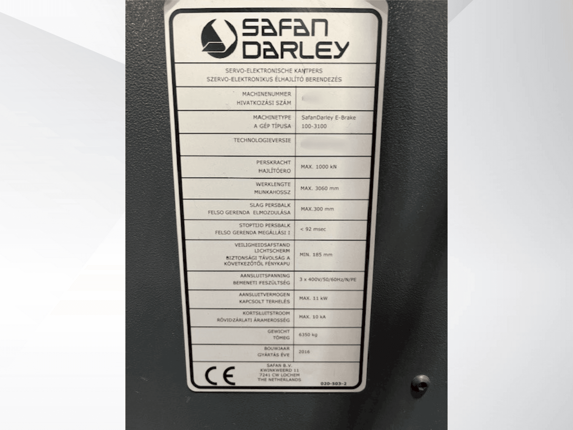 Vooraanzicht  van Safan E Brake 100 3100  machine